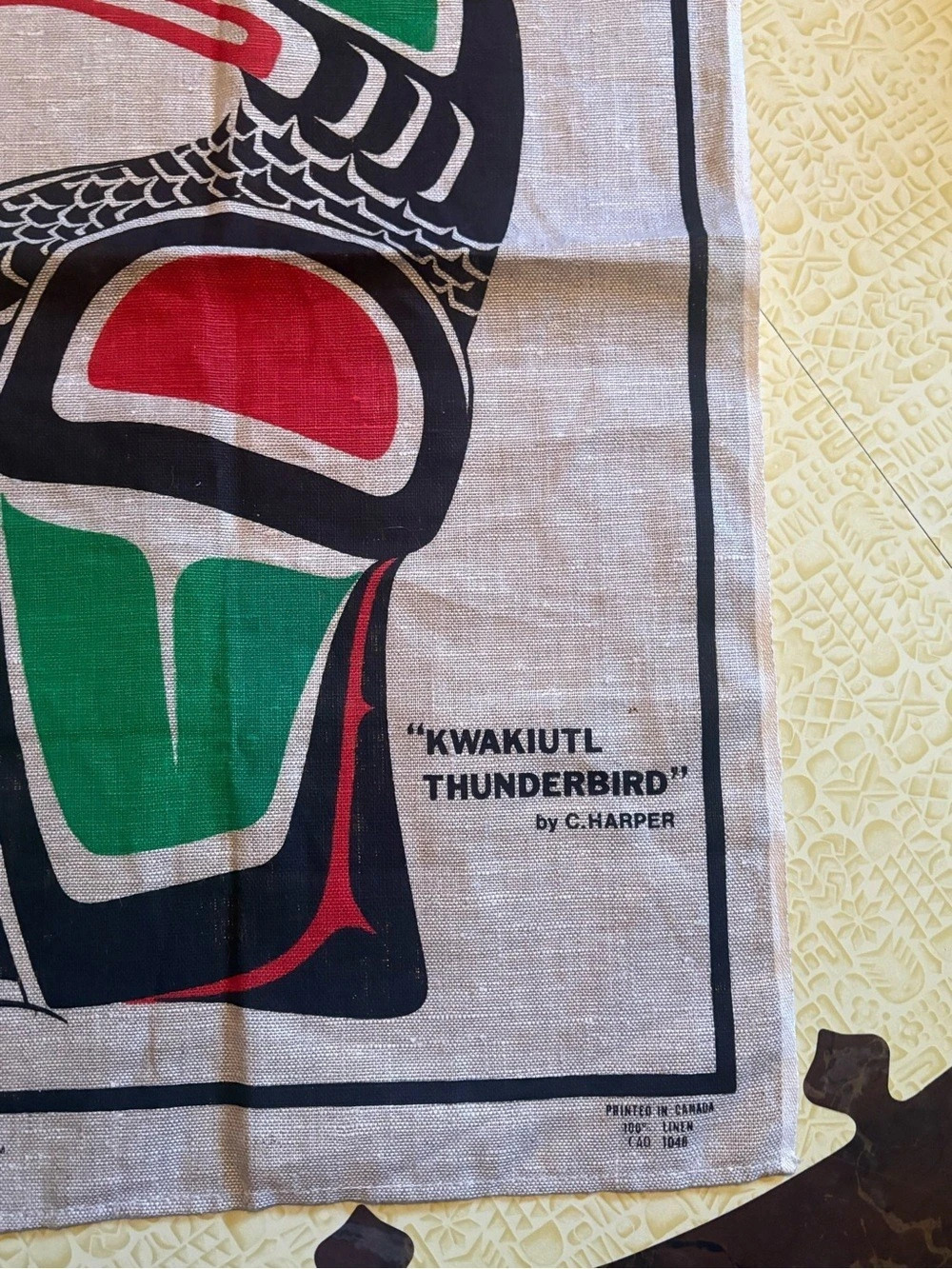 Vintage Kwakuitl Thunderbird by C. Harper Linen Hand Towel Beige & Green - Picture 5 of 8